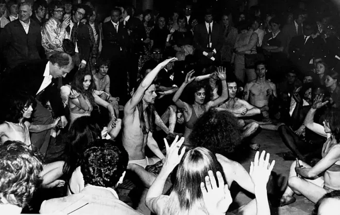 Framed Print : Roundhouse The Living Theatre hippies sitting on ground in underwear arms waving Framed Print : Roundhouse The Living Theatre hippies sitting on ground in underwear arms waving
