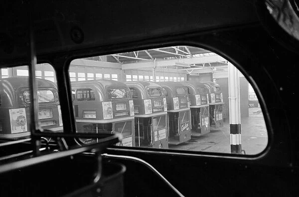 Row of Routemaster buses at Chiswick bus garage October 1962