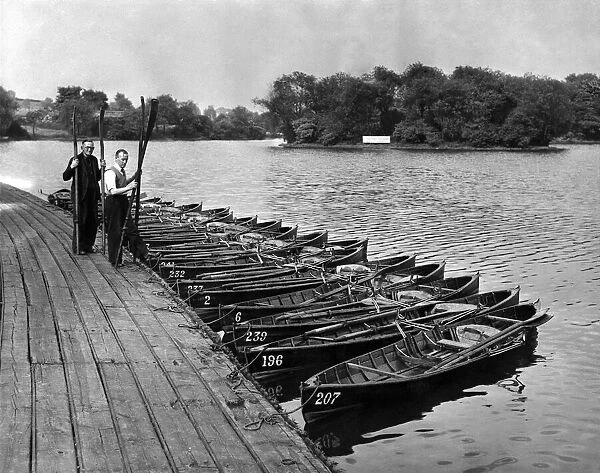 Rowing boats ready by the lake at Heaton Park in Mnachester