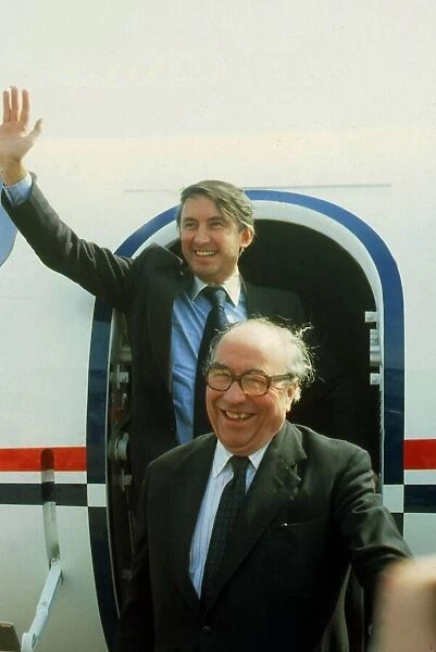 Roy Jenkins & David Steel leaving aeroplane May 1983