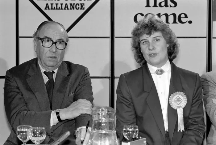 Framed Print : Roy Jenkins and Rosie Barnes at a SDP. Press conference for the Greenwich by-election Framed Print : Roy Jenkins and Rosie Barnes at a SDP. Press conference for the Greenwich by-election