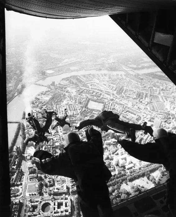 Framed Print : Royal Air Force Parachutists display team leaping out of an aeroplane