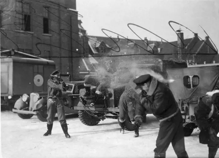 Framed Print : Royal Airforce Train Busting pilots find time to play snowballs