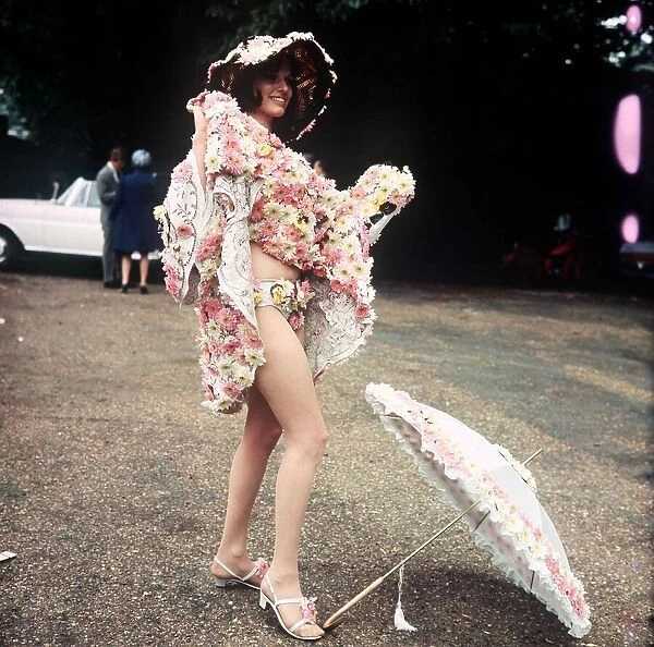 Royal Ascot 1968 fashion Tandy Cronin actress wearing flower covered outfit knickers hat