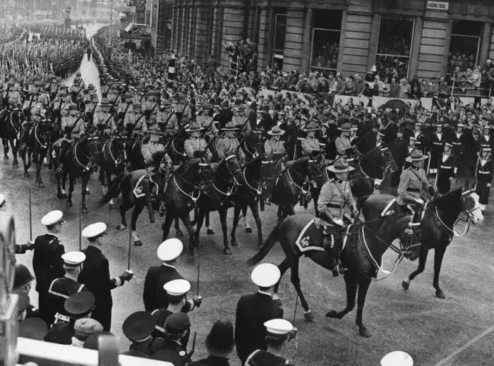 Framed Print : Royal Canadian Mounted police Officers part of the Commonwealth contingent seen passing Framed Print : Royal Canadian Mounted police Officers part of the Commonwealth contingent seen passing