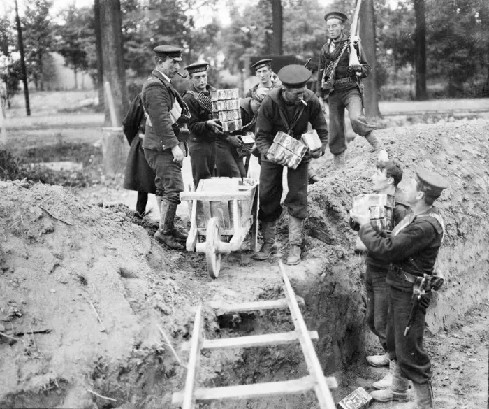 Framed Print : Royal Marines handing out tins of Bully Beef at the earthwork defences Framed Print : Royal Marines handing out tins of Bully Beef at the earthwork defences