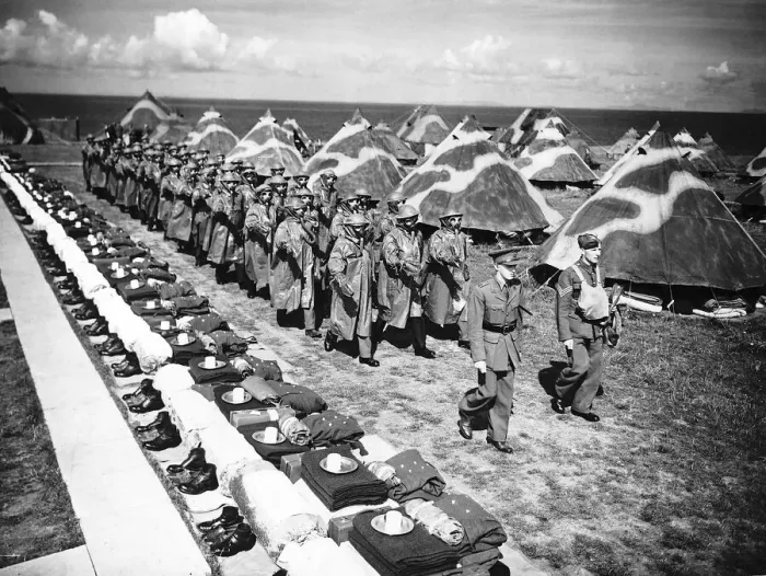 Framed Print : Royal Marines march through their camp in gas masks during training for WW2 - 1940