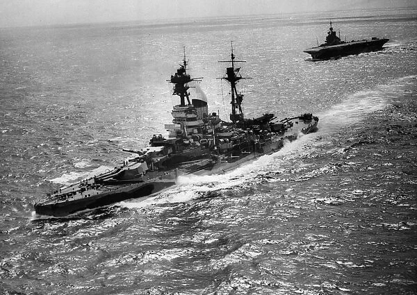The Royal Navy 26, 000 ton Revenge Class battleship HMS Resolution at sea during