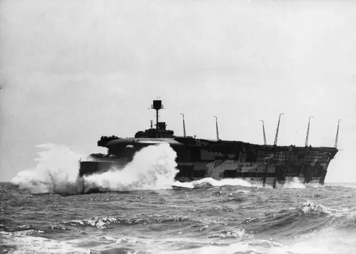 Framed Print : Royal Navy Aircraft carrier HMS Furious in a rough seaway during the Second World War