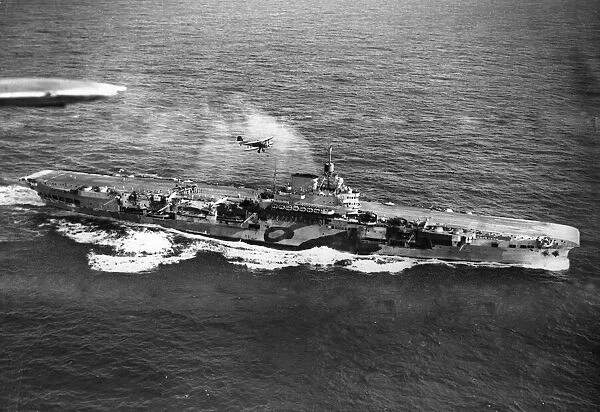 The Royal navy aircraft carrier HMS Indomitable seen from the air during the Second World