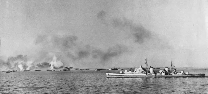 Framed Print : Royal Navy cruiser bombarding enemy positions at Anzio. 3rd February 1944