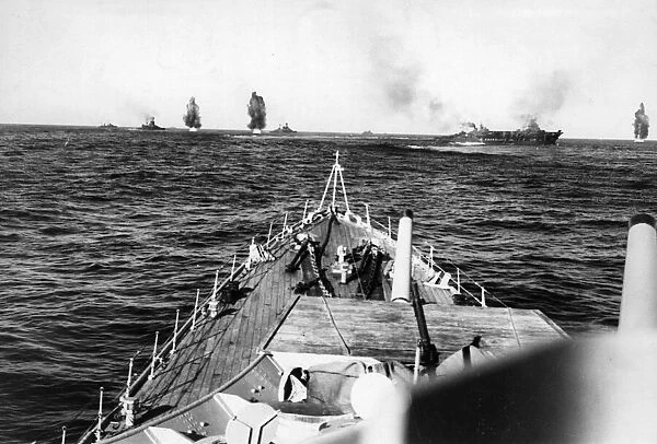 Royal Navy fleet under Italian bombing attack in the Mediterranean. July 1940
