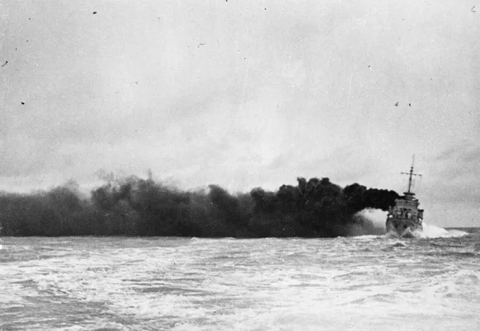 Framed Print : The Royal Navy Hunt class destroyer HMS Meynell conceals herself behind a smoke screen Framed Print : The Royal Navy Hunt class destroyer HMS Meynell conceals herself behind a smoke screen