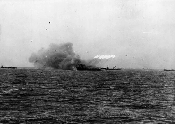 Royal Navy Rocket Ship during the invasion of Normandy, attacking a beach ahead of