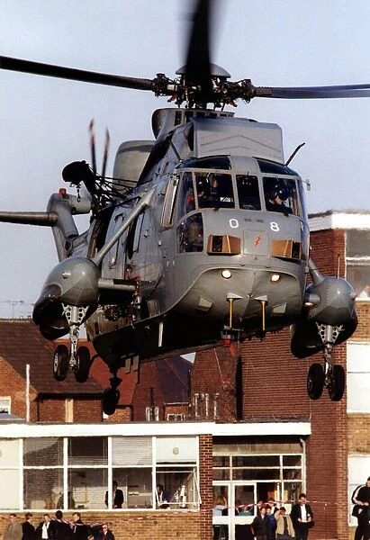 A Royal Navy Sea King helicopter visits Marden High School in Whitley Bay