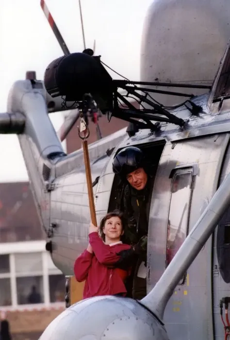 Framed Print : A Royal Navy Sea King helicopter visits Marden High School in Whitley Bay