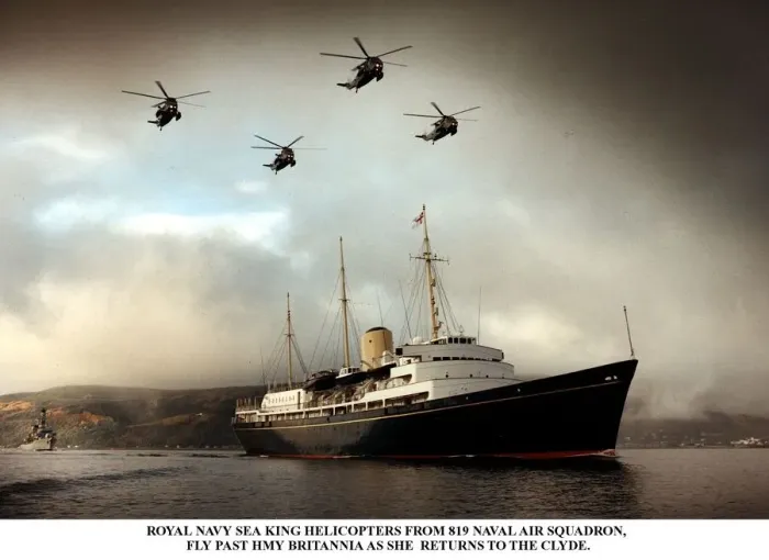 Framed Print : Royal Yacht Britannia accompanied by four Royal Navy Sea King Helicopters as it sails up Framed Print : Royal Yacht Britannia accompanied by four Royal Navy Sea King Helicopters as it sails up