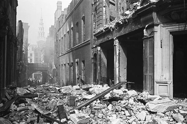 Rubble litters Poppins Court following the most devastating air raid on London which took