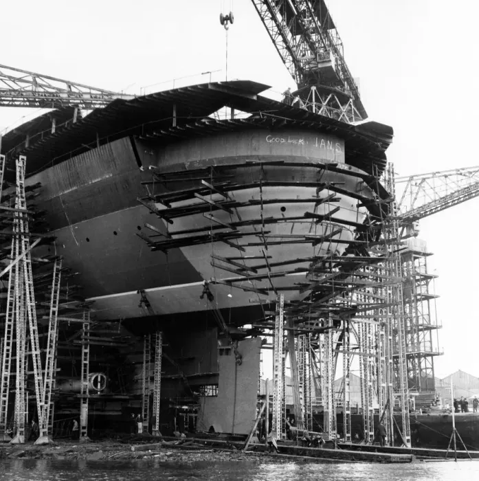 Framed Print : The rudder of the QE2 is held in position with winches and wooden blocks to await Framed Print : The rudder of the QE2 is held in position with winches and wooden blocks to await