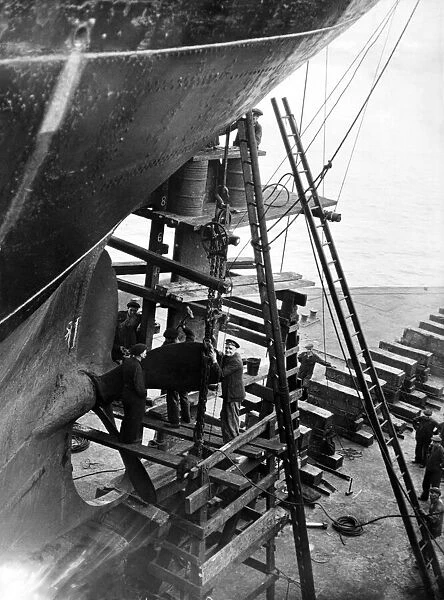 Rudder repairs in progress on a ship on one of the pontoons, Smiths Dock Co. Limited