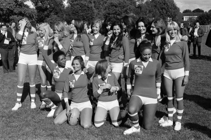 Framed Print : Rugby match between actresses and models sponsored by The Put Mustard On It committee
