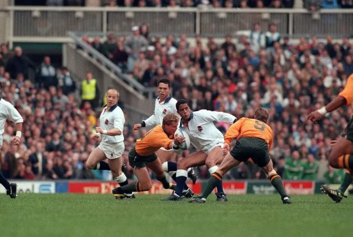 Framed Print : Rugby world cup 1991 England v Australia Jeremy Guscott in tackle with australian defence Framed Print : Rugby world cup 1991 England v Australia Jeremy Guscott in tackle with australian defence
