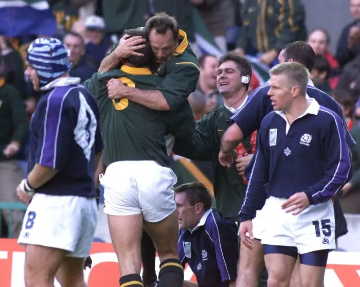 Framed Print : Rugby World Cup 1999 Scotland V South Africa Try scorer Brendan Venter celebrates Framed Print : Rugby World Cup 1999 Scotland V South Africa Try scorer Brendan Venter celebrates