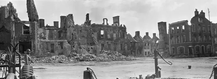 Framed Print : Ruined buildings and wrecked German transport in the streets of Montebourg as a result of Framed Print : Ruined buildings and wrecked German transport in the streets of Montebourg as a result of