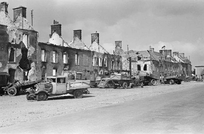 Framed Print : Ruined buildings and wrecked German transport in the streets of Montebourg as a result of Framed Print : Ruined buildings and wrecked German transport in the streets of Montebourg as a result of