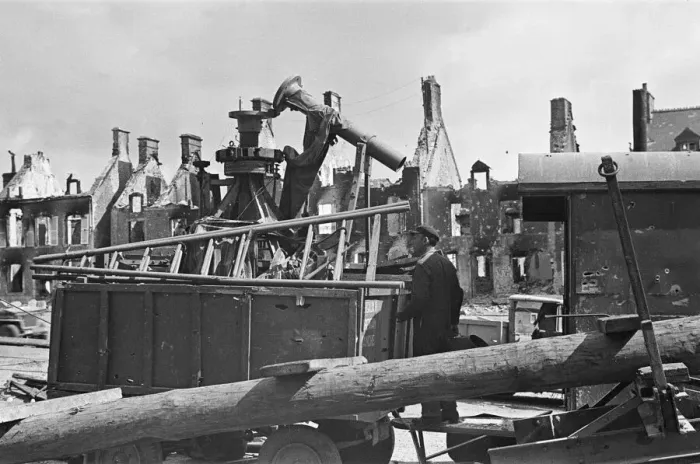 Framed Print : Ruined buildings and wrecked German transport in the streets of Montebourg as a result of Framed Print : Ruined buildings and wrecked German transport in the streets of Montebourg as a result of