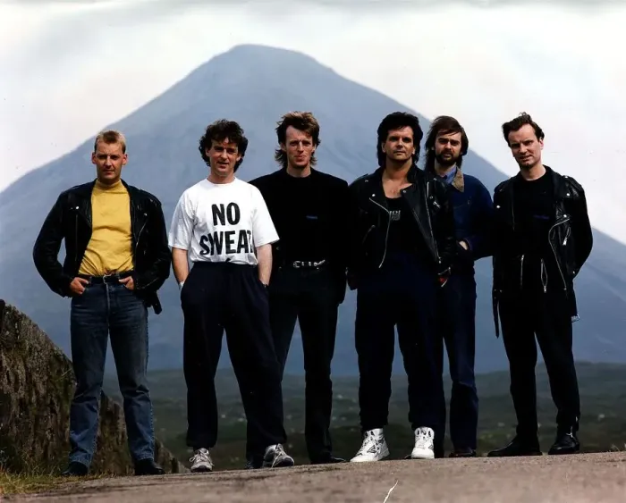 Framed Print : Runrig folk Gaelic celtic rock group standing in front of mountain circa 1990