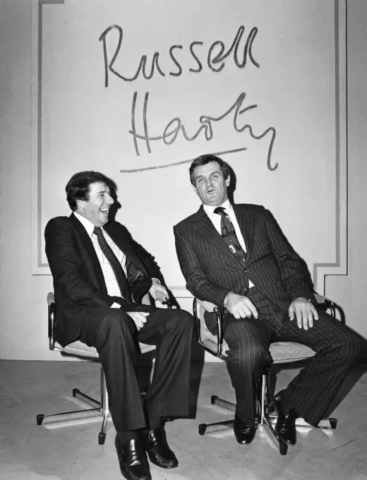 Framed Print : Russell Harty & show jumper Harvey Smith. 3rd February 1982 Framed Print : Russell Harty & show jumper Harvey Smith. 3rd February 1982