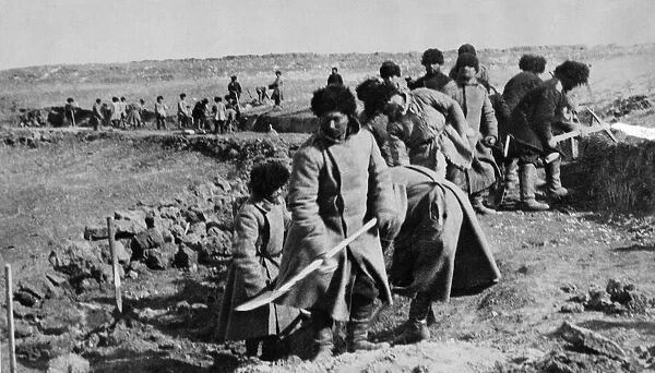 Russian army engineers seen here laying a track bed for a narrow gauge railway during