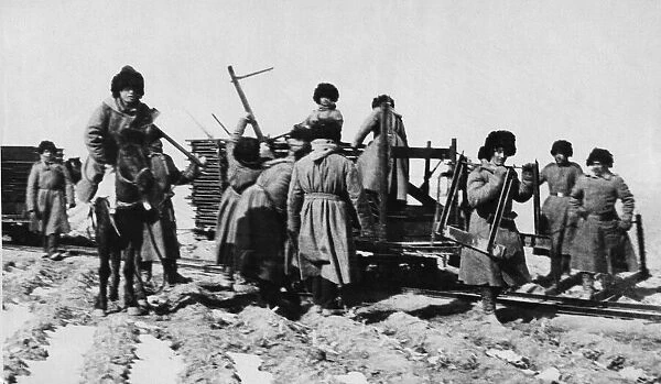 Russian army engineers seen here laying a track bed for a narrow gauge railway during