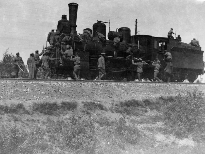 Framed Print : Russian army sappers hastily manager to secure standing room only on a locomotive
