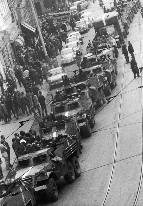 Framed Print : A Russian convoy seen here in the centre of Prague following the Warsaw pacts invasion of Framed Print : A Russian convoy seen here in the centre of Prague following the Warsaw pacts invasion of