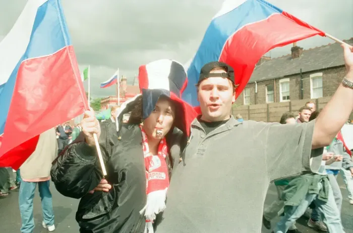Framed Print : Russian Football Fan in Liverpool, Merseyside, ahead of Euro 96 Championships Framed Print : Russian Football Fan in Liverpool, Merseyside, ahead of Euro 96 Championships