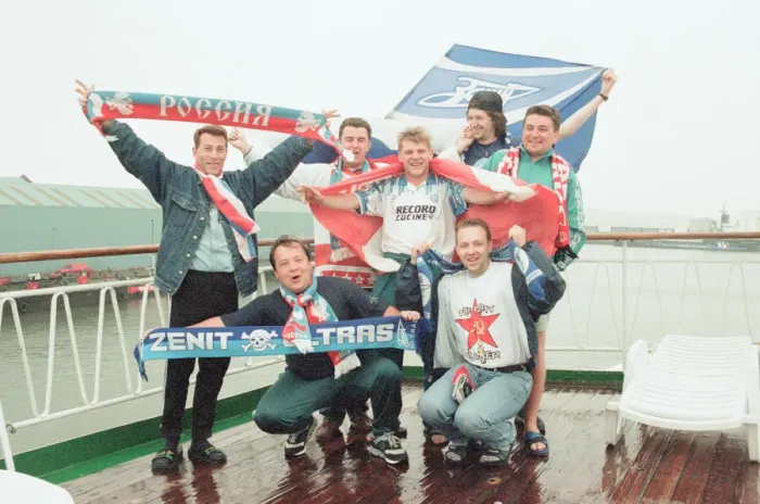 Framed Print : Russian Football Fans arrive at Euro 1996 by Ship, Liverpool, 10th June 1996