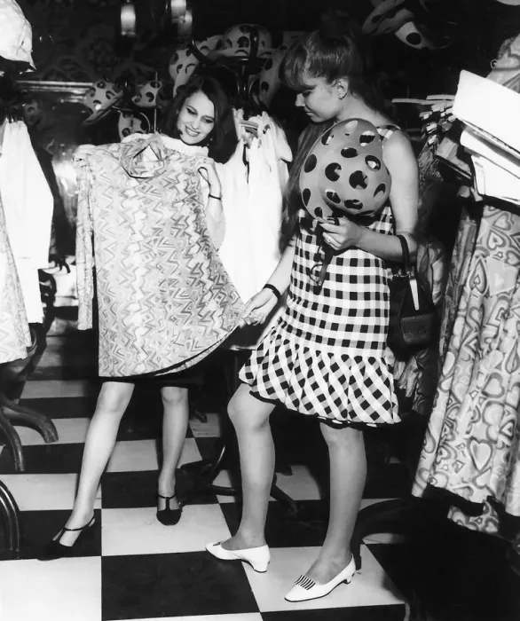 Framed Print : Russian girls trying out clothes in the archetypal London shop, Biba Boutique Framed Print : Russian girls trying out clothes in the archetypal London shop, Biba Boutique