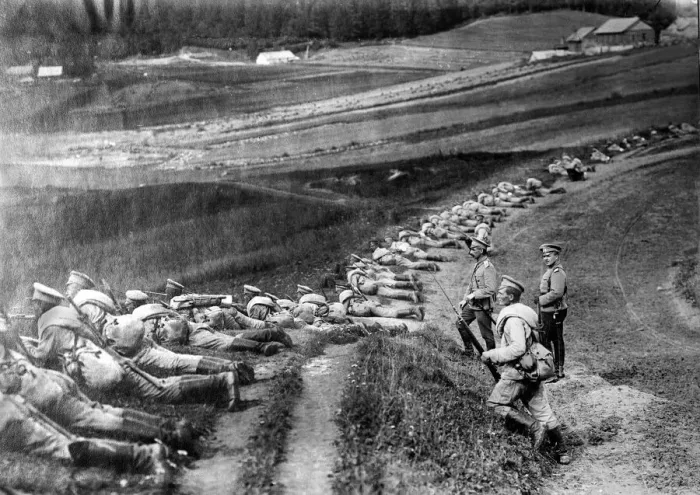 Framed Print : Russian infantry in trenches during their battle against the Austro-Hungarian army
