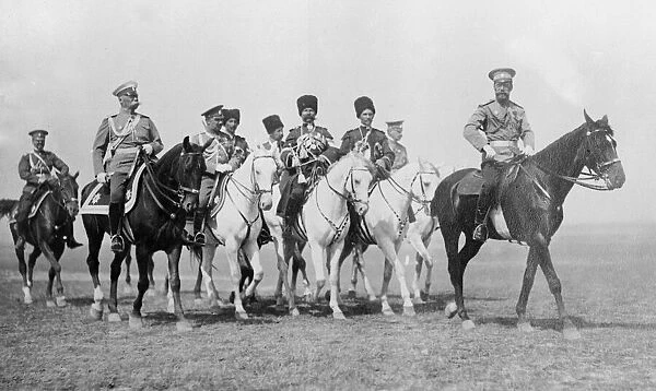 Russian leader Tsar Nicholas II inspecting Russian troops with his staff during