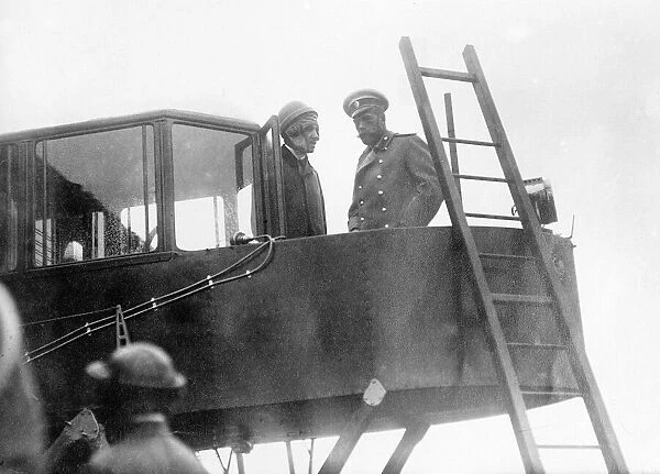 Russian leader Tsar Nicholas II inspects an aeroplane during World War One Circa