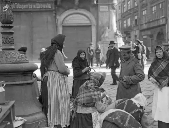 Framed Print : A Russian officer seen here buying a drink of milk from a local peasant woman in Lemberg