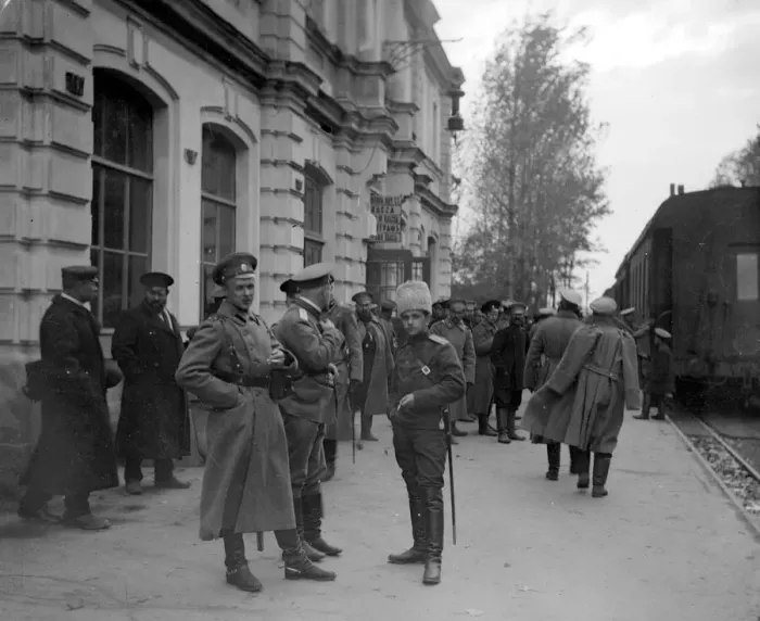 Framed Print : Russian officers gather at the frontier railway station at Radzivilov before the army Framed Print : Russian officers gather at the frontier railway station at Radzivilov before the army