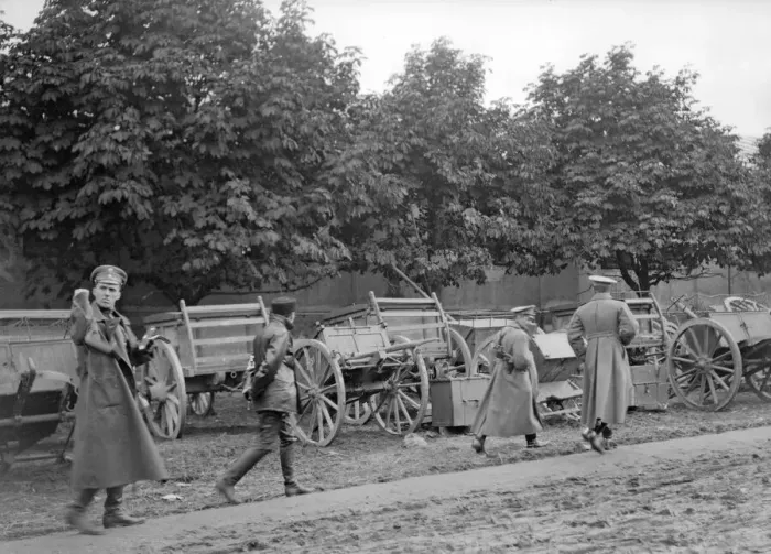 Framed Print : Russian officers inspect captured artillery and transport at Lemberg. September 1914 Framed Print : Russian officers inspect captured artillery and transport at Lemberg. September 1914