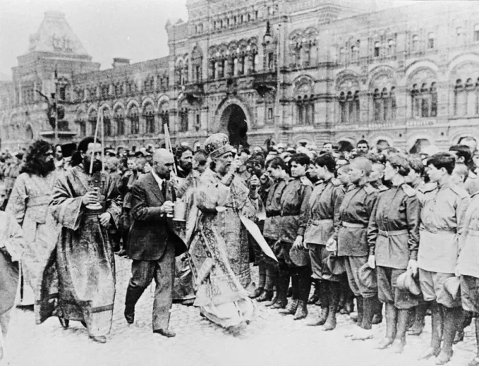 Framed Print : Russian Revolution. Head of Orthodox church blesses women October 1917