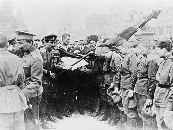 Russian Revolution. Womens death battalion takes oath, Moscow