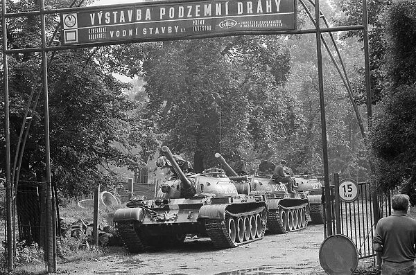 Russian T54 tanks seen here parked in a suburb of Prague following the Warsaw pact
