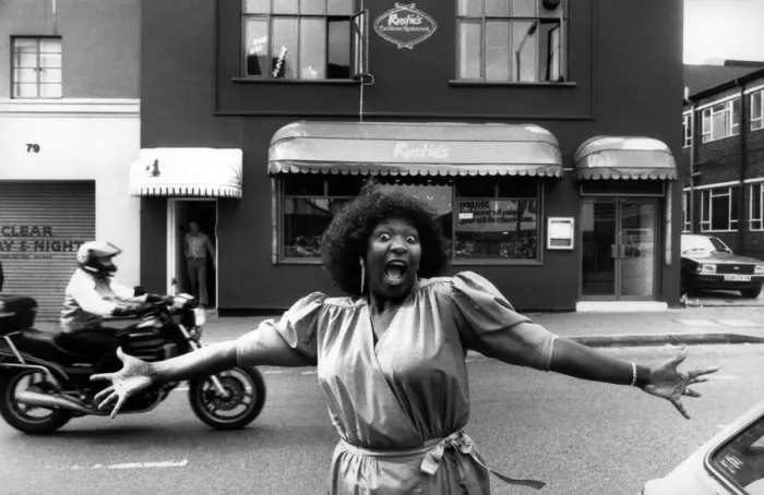 Framed Print : Rustie Lee outside her new restaurant in Hurst Street, Birmingham. 11th October 1985 Framed Print : Rustie Lee outside her new restaurant in Hurst Street, Birmingham. 11th October 1985