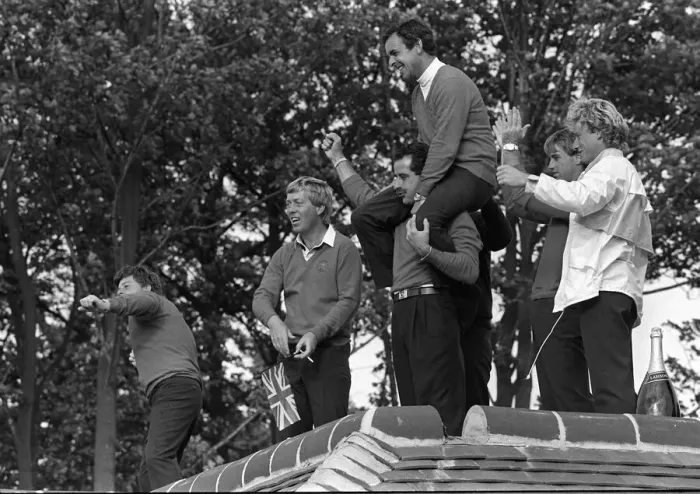 Framed Print : Ryder Cup celebrations September 1985 Captain Tony Jacklin on the shoulders of